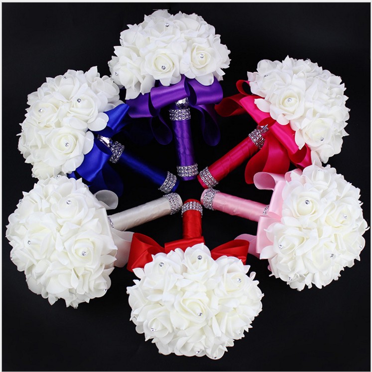

Elegant Rose Artificial Bridal Flowers Bride Bouquet Wedding Bouquet Crystal Royal Blue Silk Ribbon New Buque De Noiva 6 Colors, White