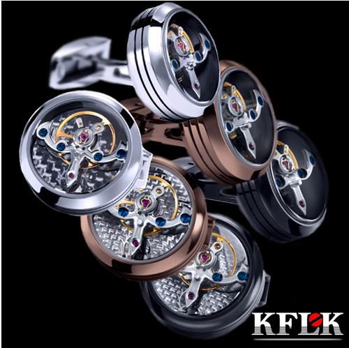 

KFLK jewelry shirt cufflink for mens cuff button watch Mechanical movement cuff link high quality Tourbillon Free Shipping