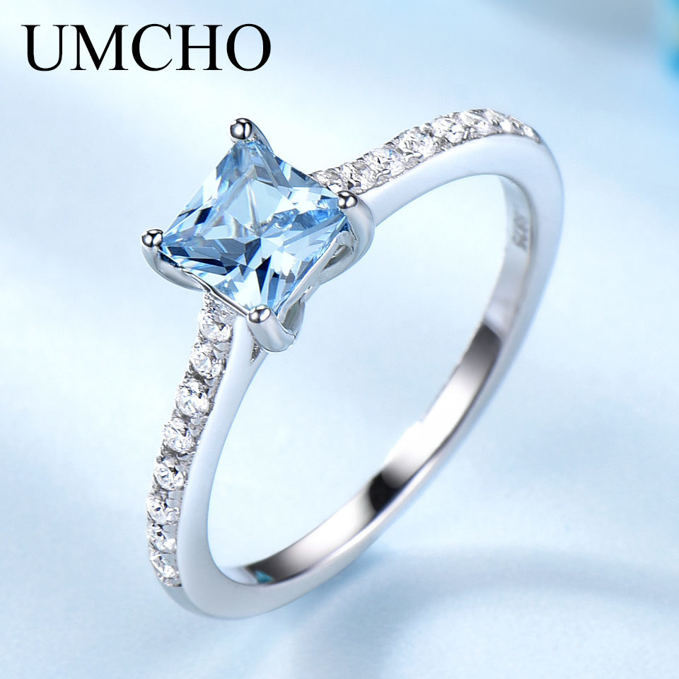 UMCHO Genuine 925 Sterling Silver Rings Created Nano Sky Blue Topaz Rings Vintage Wedding Band Gift For Women Fine Jewelry Y1892704