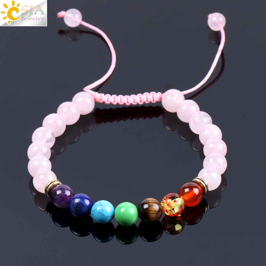 

CSJA Bohemia Rose Quartz Bracelet for Women Rainbow Color Chakra Bead Charm Pulsera Femenina Jewelry DIY Braided Bangle Adjustable Rope F091, Black