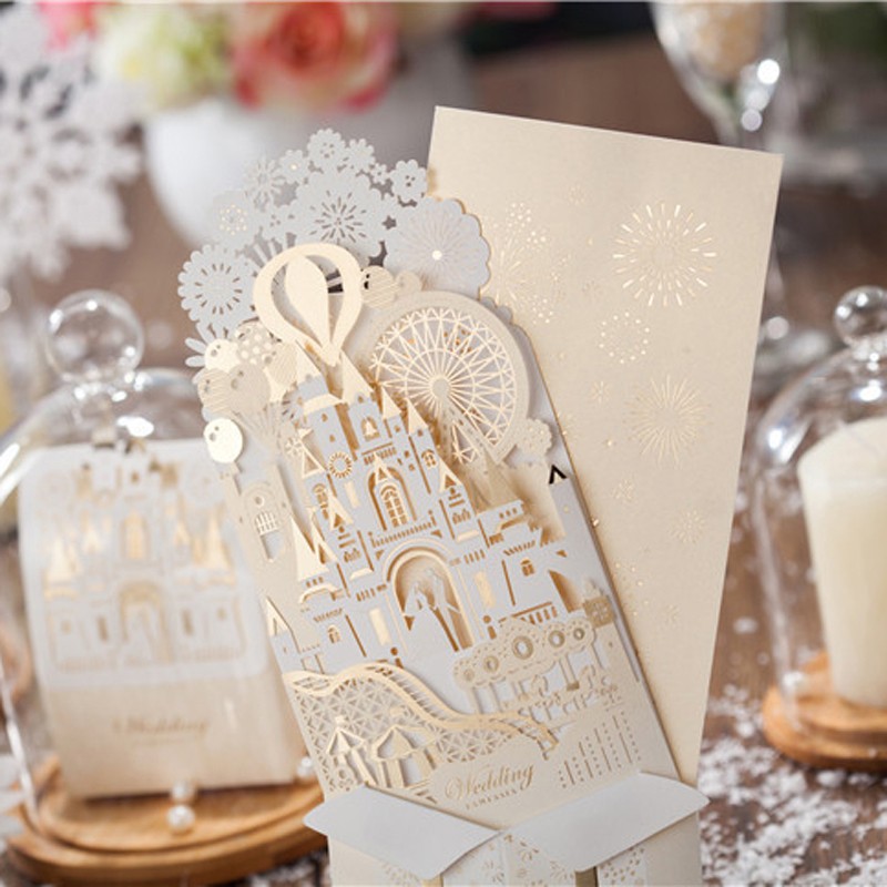 

Wedding Decoration 3D Castle Shape Pop-up Wedding Invitation Card Champagne Color Invitations CW5093 Nice