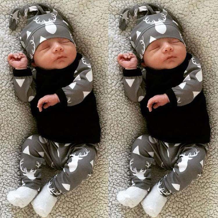 

Baby Clothing Sets 2018 New Newborn Boy Girl Clothes Set Cotton Long Sleeves Babywear Hat+T-shirt+Pants Infant Outfit, Gray