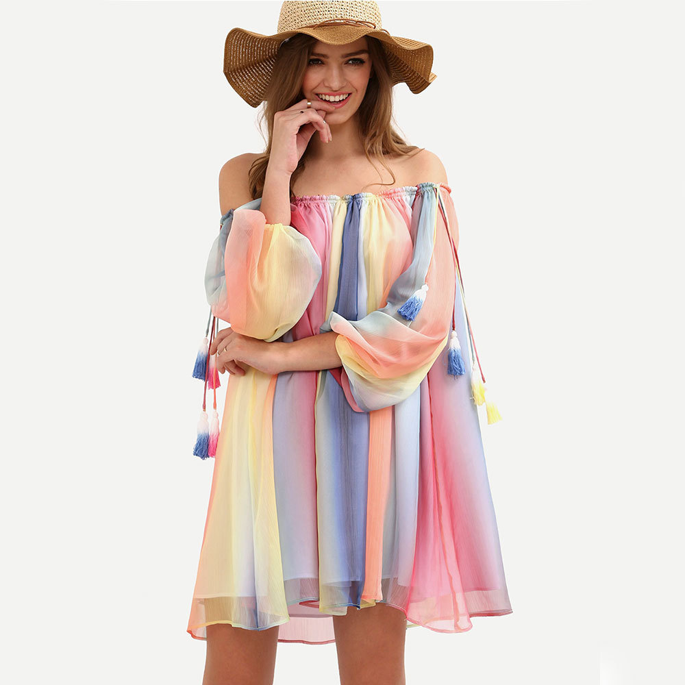 

2018 New Arrival Summer Sexy Loose Dress Large Flare Type Seve Color Dress Bohemian Beach Mini Dresses Stripe Strapless 7 Sleeve Dresses, As the picture show