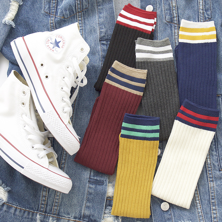 Newest Fashion Autumn Winter Twin-needle Knitted Wool Socks for Lady Girl Vintage Color Preppy Style High Crew Stripe Socks Mid Calf
