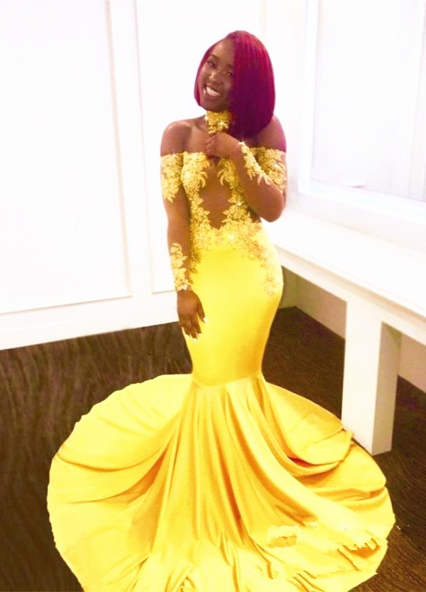 Yellow Prom Dresses Illusion Long Sleeve Off the Shoulder Floor Length Mermaid Sexy Design Girls Pageant Dress Evening Gowns Custom Made