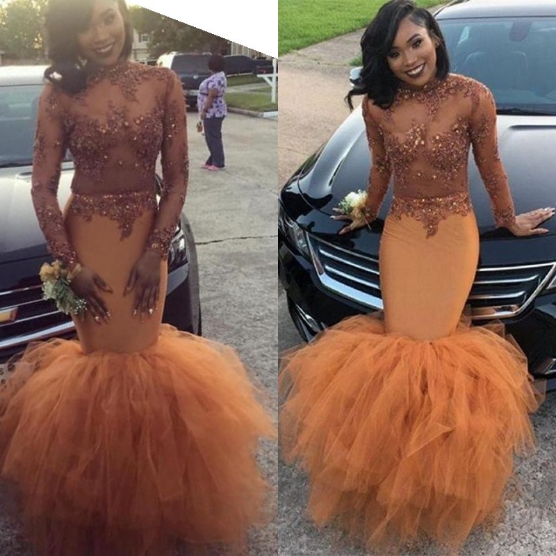

High Neck Beaded Prom Dresses Fashion African Long Sleeves Lace Applique Mermaid Party Dresses 2018 Sexy Fluffy Tulle Train Prom Dress, Red