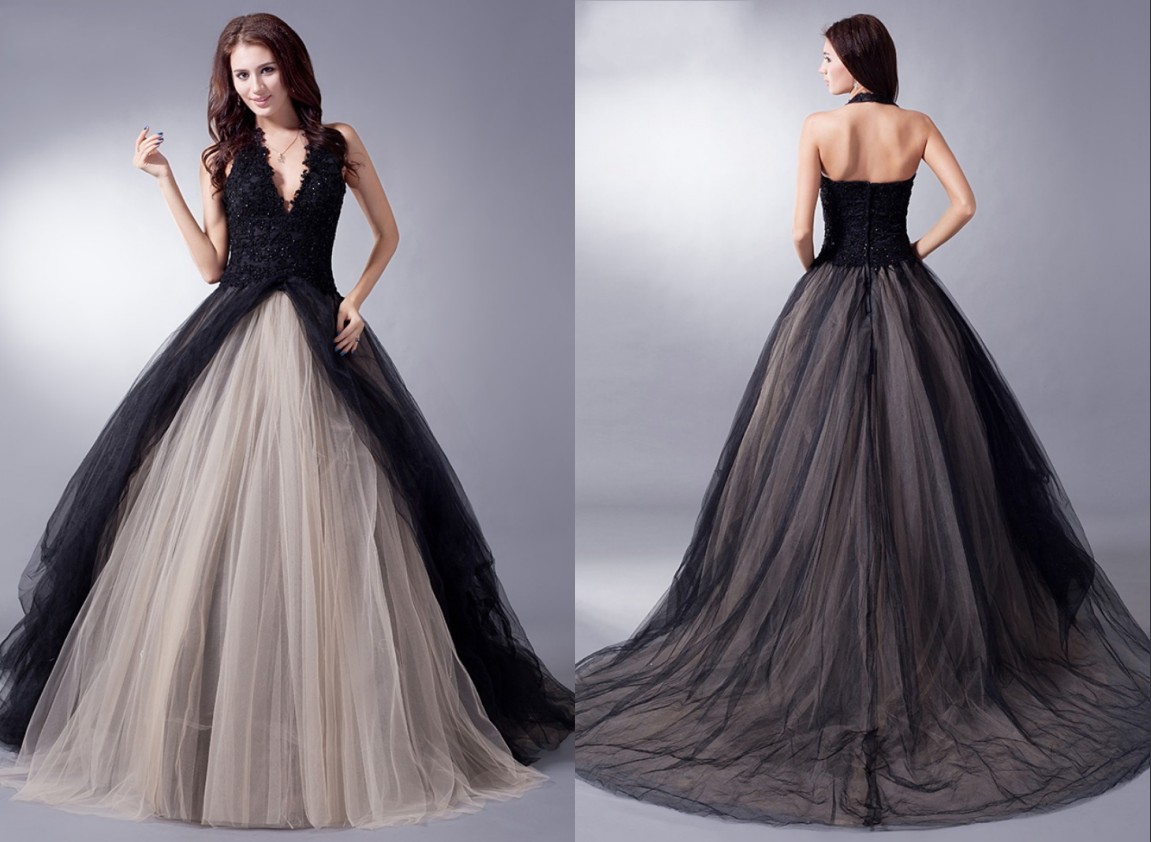 

Black And Nude Ball Gown Gothic Wedding Dresses Halter Tulle Open Back Applique Beads Sequin Sweep Train Cheap Long Plus size Bridal Gown