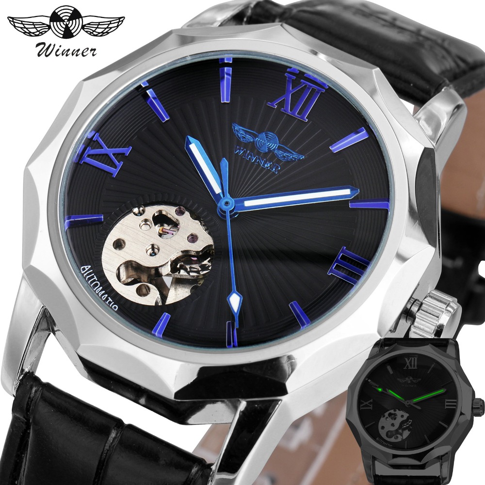 

Winner Blue Exotic Dodecagon Design Skeleton Dial Men Watch Geometry Top Brand Luxury Automatic Fashion Mechanical Watch, Slivery;brown