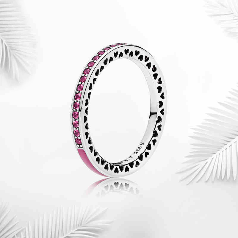 Blue Green Pink Enamel Band rings with color Crystal Original Box for Pandora Heart love 925 Silver Ring for Women girls best gift