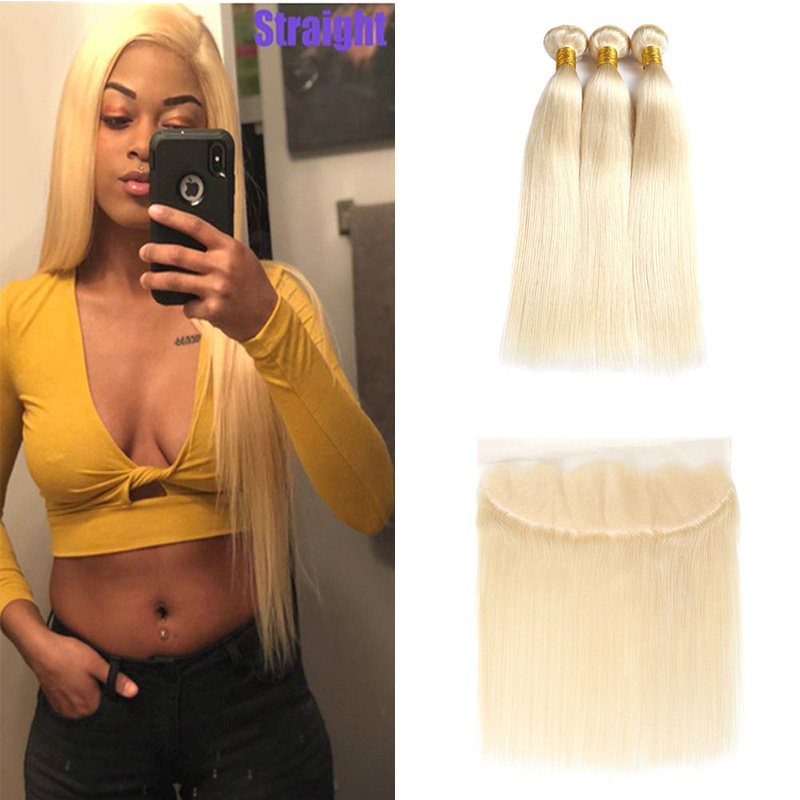 

Wholesale 613 Blonde Bundles With Frontal Closure Ear to Ear Brazilian Silk Straight Virgin Human Hair Weft Full and Thick With Frontal