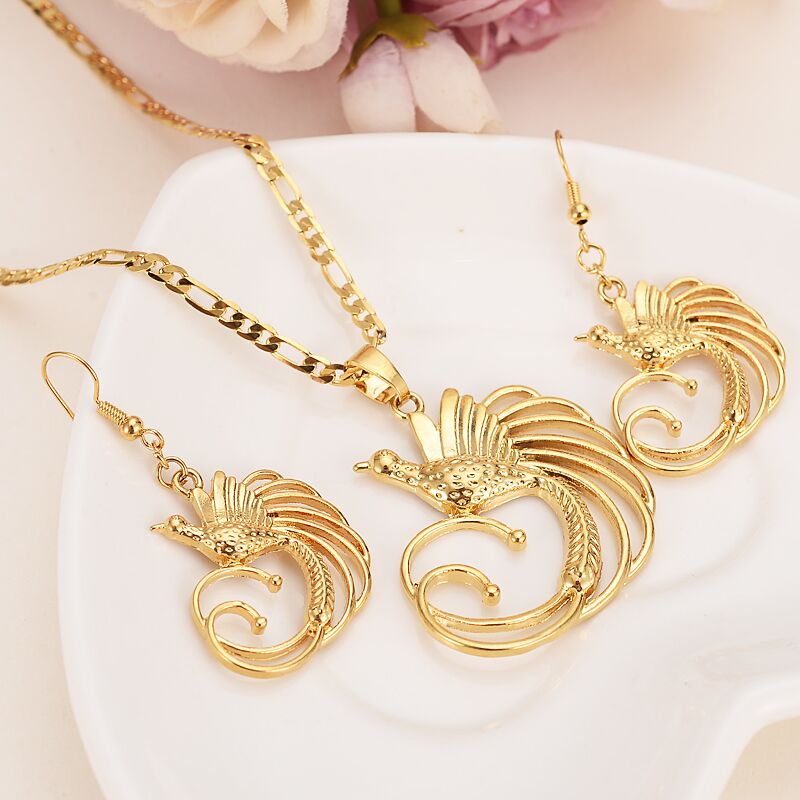 

Fine Solid Gold Filled Bird Paradise Pendant Necklaces Earrings Women,Papua New Guinea Jewelry PNG National Style, Golden