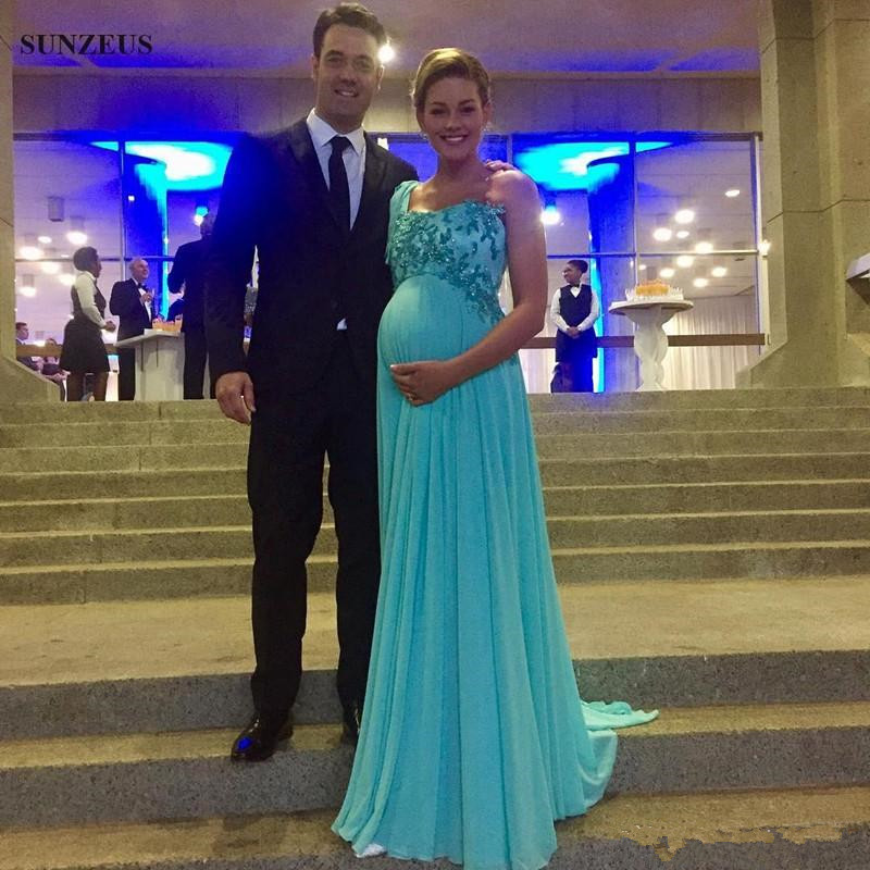 Bleu clair en mousseline de soie robes de soirée de maternité 2019 vente chaude nouvelle Applique personnalisé perlé une épaule Empire Enceinte F