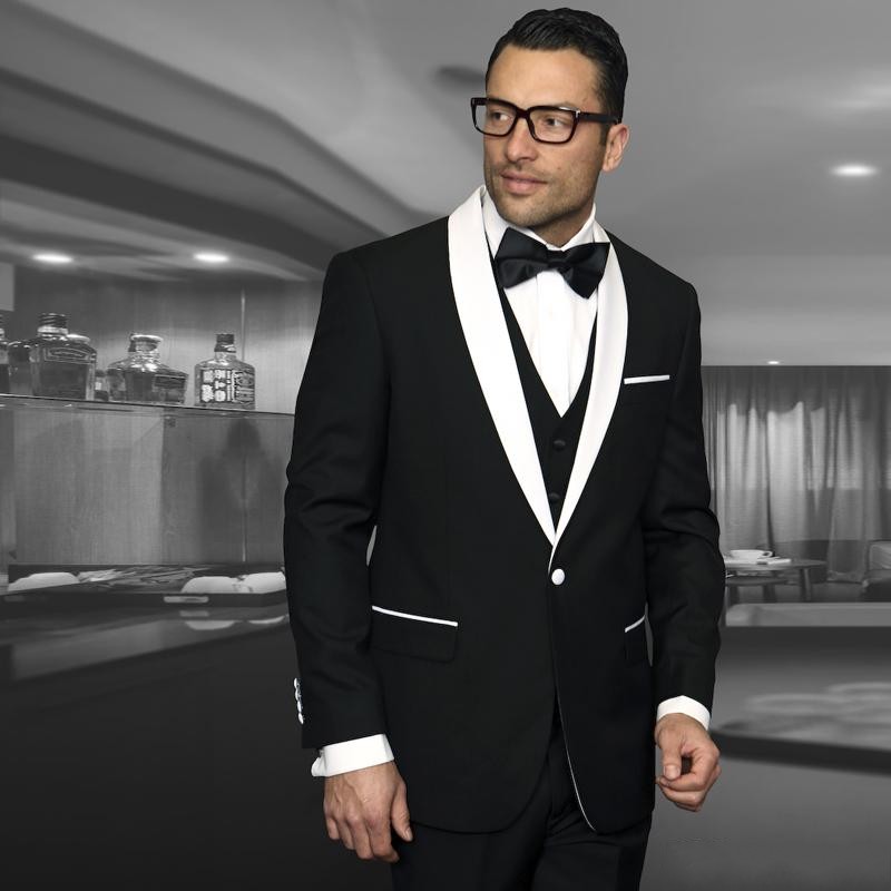 Customize Design Black Men Wedding Tuxedos White Lapel One Button Groom Tuxedos Men Wedding/Dinner/Darty Dress(Jacket+Pants+Tie+Vest) 1851