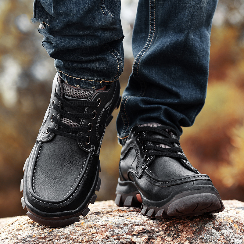 

Genuine Leather Mens Hiking Shoes Breathable Sneakers Men Rubber Tactical Shoes Top Men's Trekking Outdoor Boots, Black