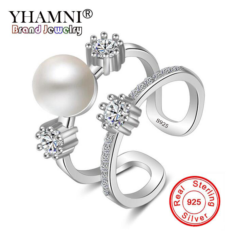 

YHAMNI New Fashion Original 925 Sterling Silver Rings Natural Pearl Jewelry for Women CZ Diamond Wedding Engagement Band Pearl Rings JZ177