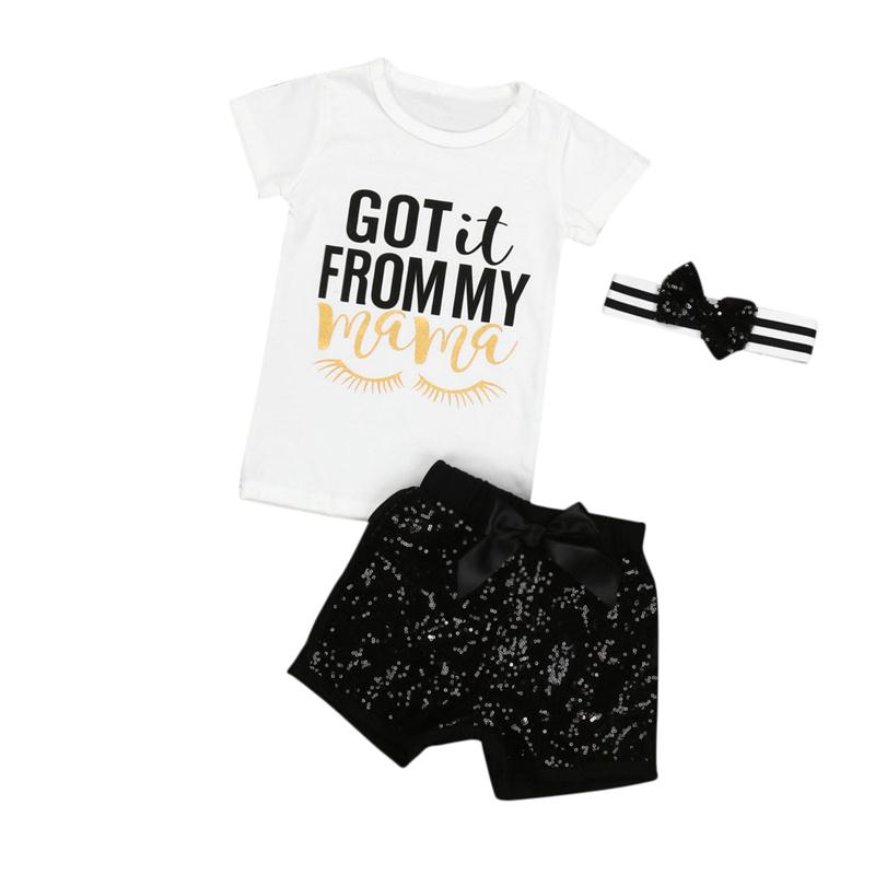 

baby girls Got it From My Mama clothing sets headbands + letter print t shirts + black sequin shorts pants outfit, As pic