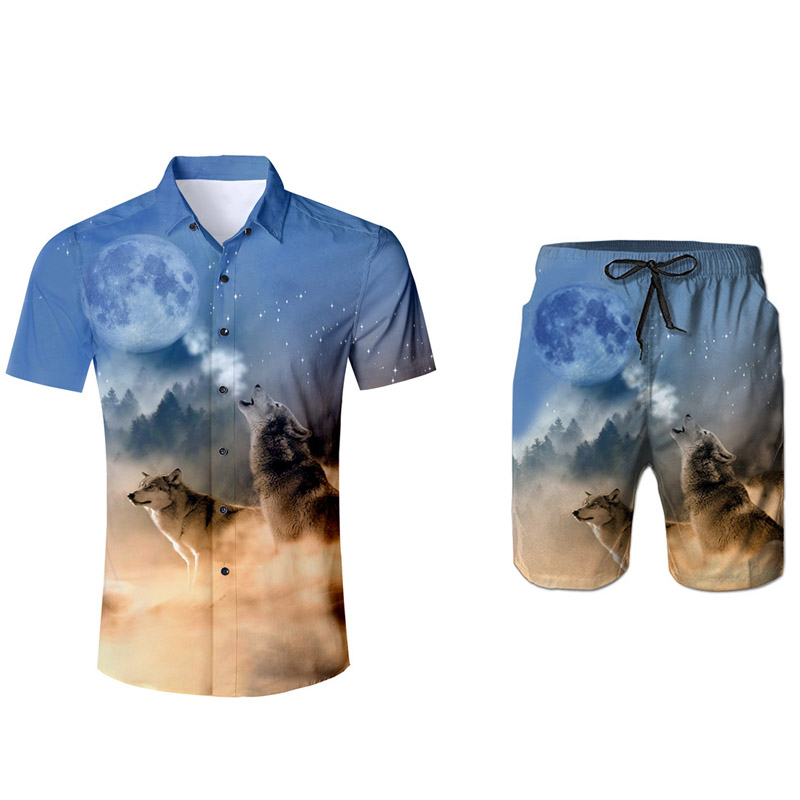 

2pc Set Shirt And Shorts 3d Wolf Printed Men Set Summer Shirt Pocket Dropship Casual fashion Suits Russia Hawaii Suit, Ds10017