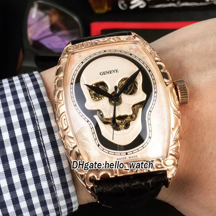 Pas cher Nouvelle Collection Croco Crâne Squelette Automatique Cadran Or Montre Pour Homme Or Rose Fissuration Craquelé Cas Bracelet En Cuir Gent