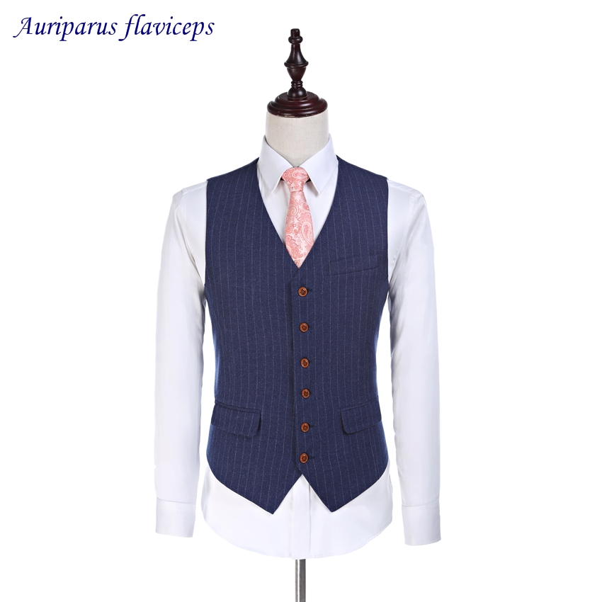 High Quality Navy Blue Pinstripe Groomsman Slim Fit Waistcoat In Wool Wedding Vest 5 Buttons Worsted Wool Suits 2018 (vest)