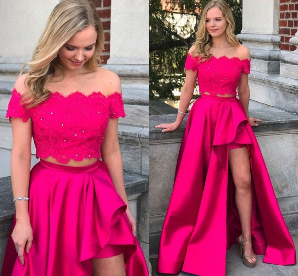 Gorgeous Two Piece Prom Dresses Off The Shoulder Lace Satin Side Split Floor Length Red White Fuchsia Party Dresses Zipper Up
