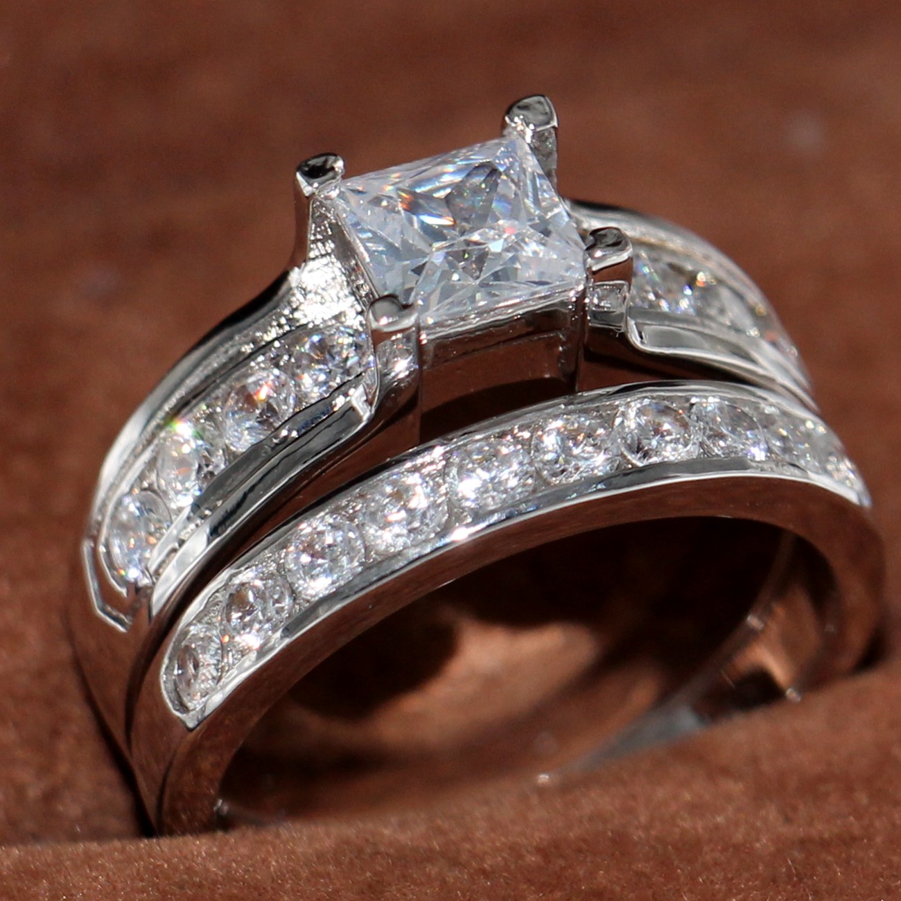 

US size 5/6/7/8/9/10 Jewelry 925 Sterling Silver filled white topaz CZ Diamond Princess cut Women wedding Bridal ring Set for love gift