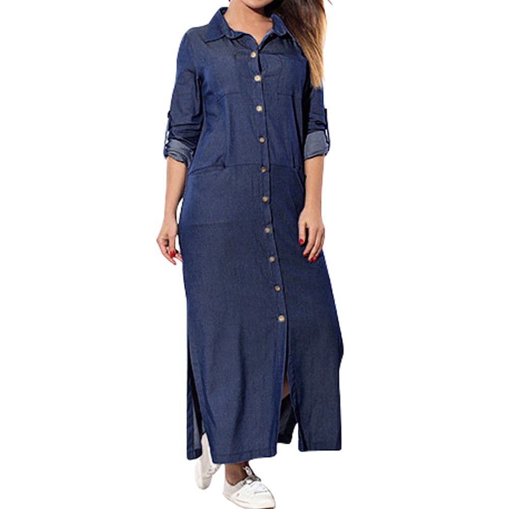 

2019 Sexy streetwear front button long dress Loose blue long sleeve autumn dresses vestidos FeiTong Casual Denim shirt dress women