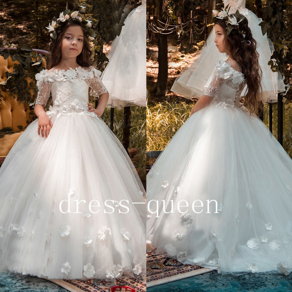 

Flower Girl Dresses Special Occasion Weddings Ruffled Kids Pageant Gowns Flowers Floor Length Lace Party Communion Dress Sash, Champagne