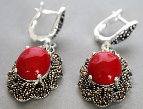 

amazing 11/2" Vintage 925 Silver & Marcasite Red Coral Earrings HOOK DANGLE EARRINGS 1.8