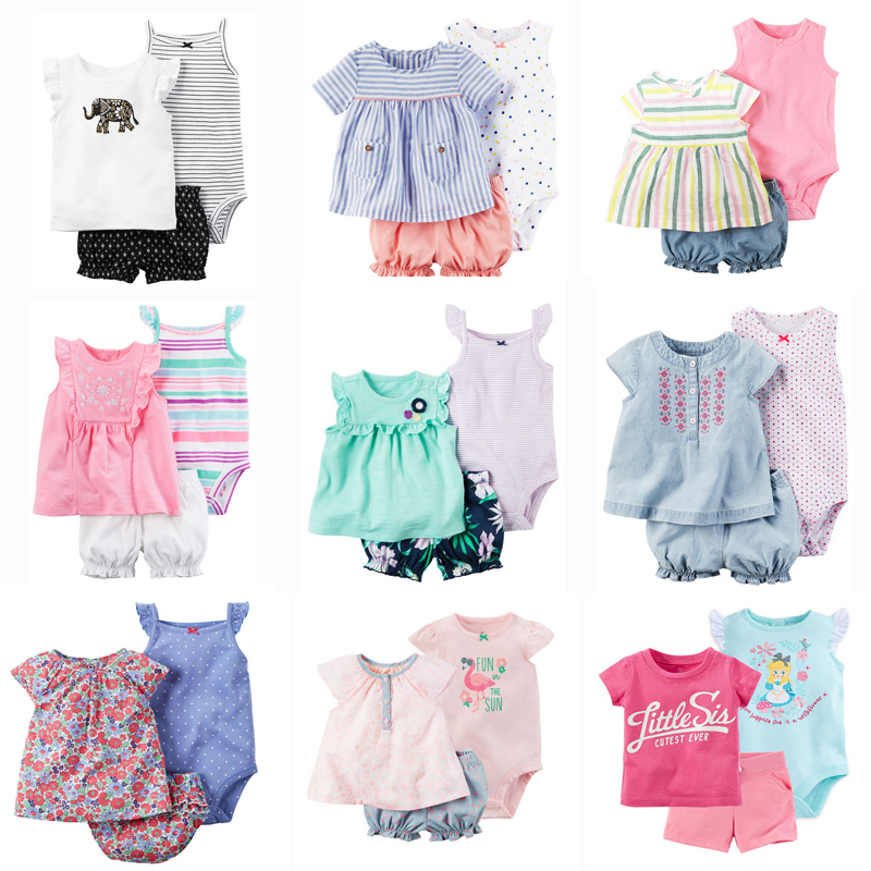 

Newborn Baby Rompers Suits 100% Cotton 22 Designs Colorful Striped Embroidery Flora Cartoon Dots T-Shirt+Triangle Romper+Shorts 3 pcs/lot, 7#