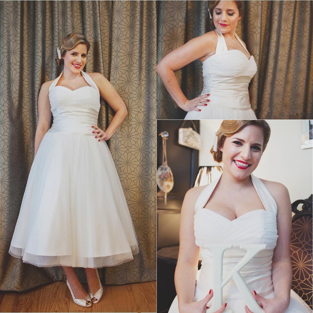Vintage Style 50s Wedding Dresses Ankle Length A Line Halter Neck Pleated Tulle Satin plus size Waistband outdoor Bridal Gowns
