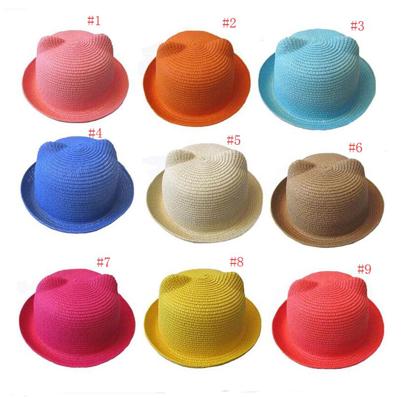 

Baby Straw Hat Summer Kids Cat Ear Hats Lovely Beach Cap Children Character Girls Boys Solid Sun Hat Women Men Stingy Brim Hats 50 pcs, As pics