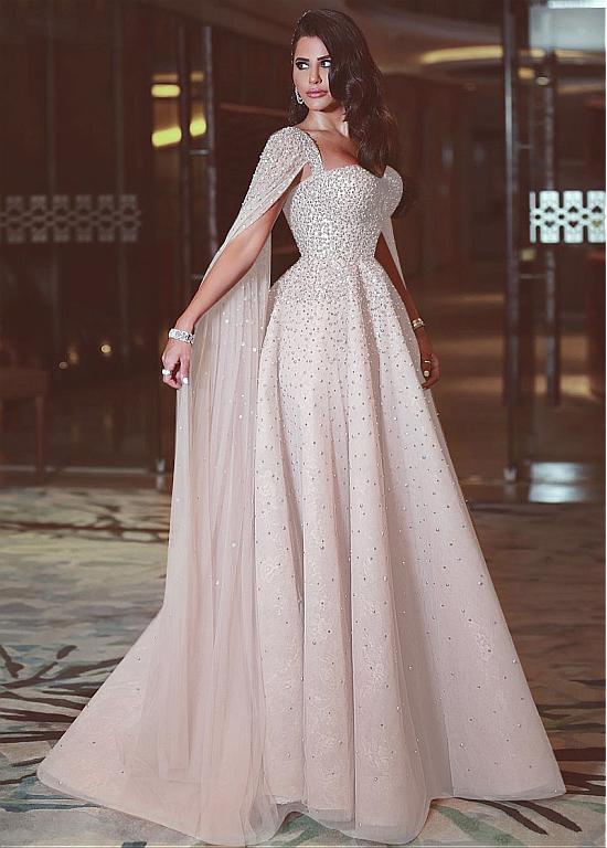 

2022 Sparkle Blush Pink Formal Evening Dresses With Cap Beaded Arabic Sweetheart Neckline A-line Evening Party Gowns Couture Custom Made, Purple