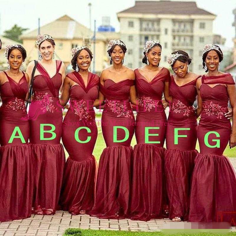 

2019 South African Burgundy Bridesmaid Dresses Cheap Custom Made Mixed Styles Mermaid Appliques Maid Of Honor Gowns