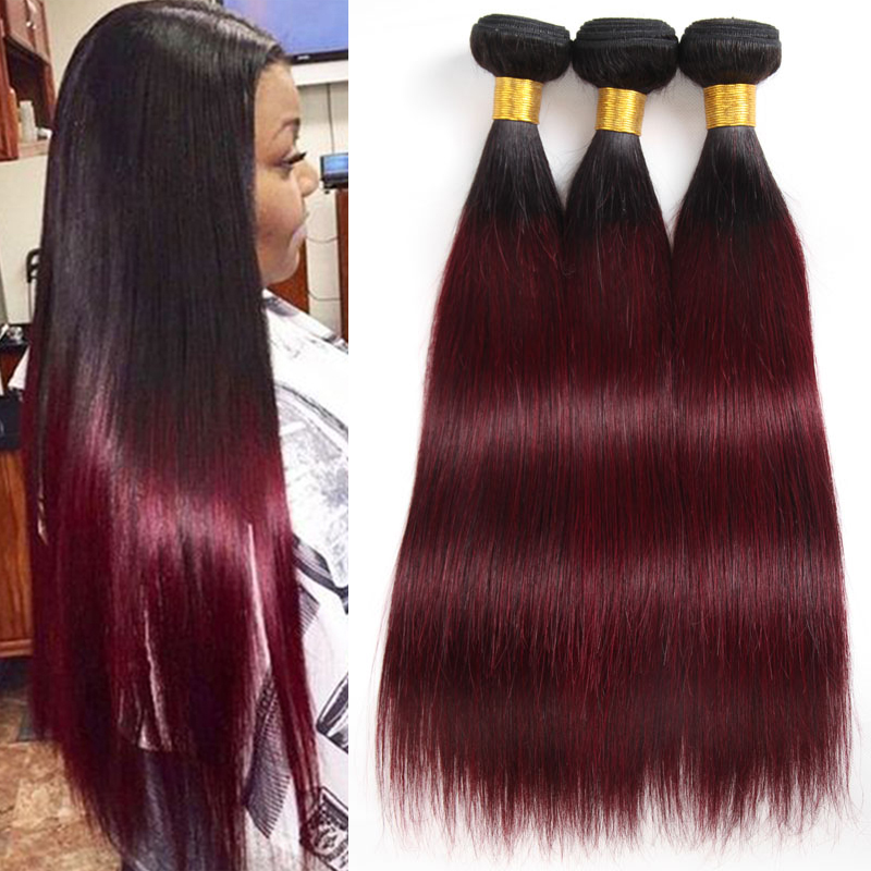 

Brazilian Ombre Hair 1B/99J Straight 3 Bundles Unprocessed Grade 8A Burgundy Wine Red Ombre Human Hair Weaves Extensions Length 10-24 Inch