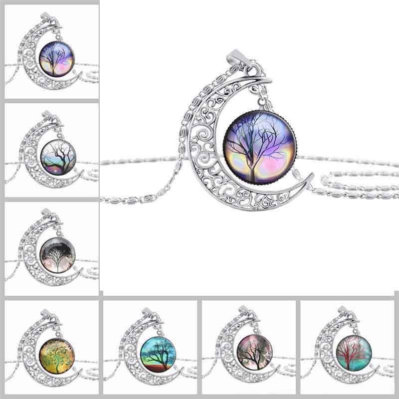 

Tree of life moon time gem glass necklace dry tree Cabochon pendants fashion jewelry for women girls Christmas gift Drop ship