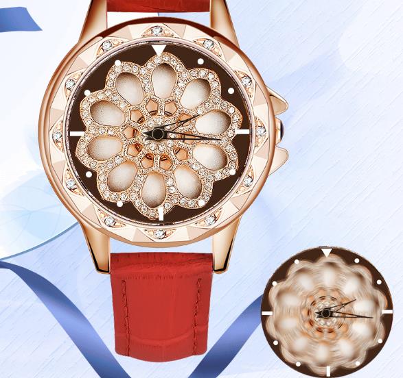 

Bring lucky Snowflake rotary drill 360º turn dial genuine leather waterproof watch fashion quartz watch female watch, Black