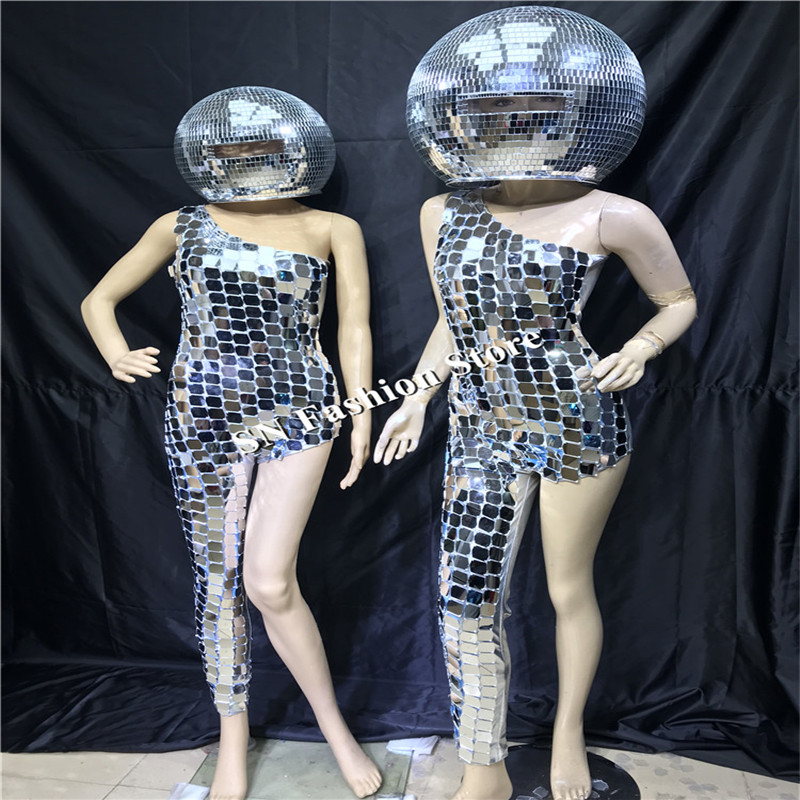 

DC111 Ballroom dance silver costumes led dj mirror ball dress dj disco catwalk bar performance wears models party clothe helmet club robot