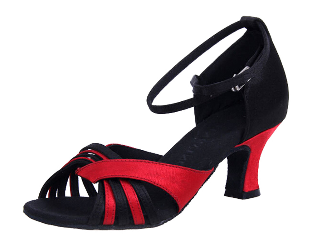

Womens Black Red Peep-toe Latin Tango Ballroom Dance Shoes Colorblocked Satin Striped Modern Cha-cha Practice Shoes