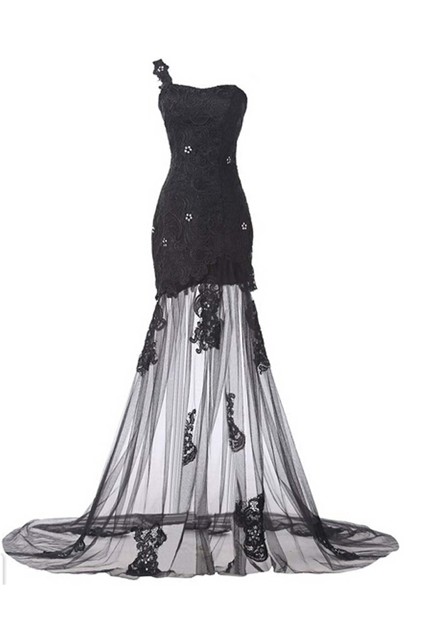 

Best Gothic Transparent One Shoulder Lace Tulle Evening Dress Black Sheath Custom Made Crystal Sweep Train Real Image Long Formal Gowns, Dark navy