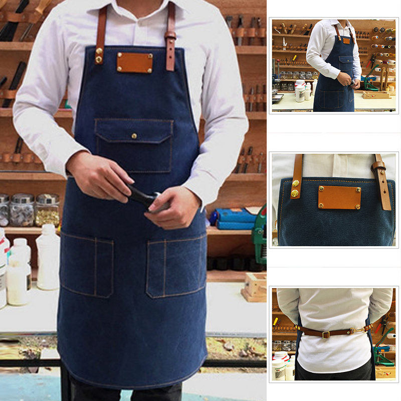Blue Working Denim Bib Apron Leather Strap Barista Chef Barber Pocket Studio Uniform-image-431061363