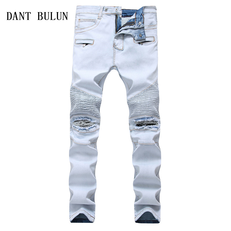 

Ripped Men Biker Jeans Slim Staright Motorcycle Skinny Pants Denim Classic Hip Hop Casual Plus Size Blue Trousers, Sky blue
