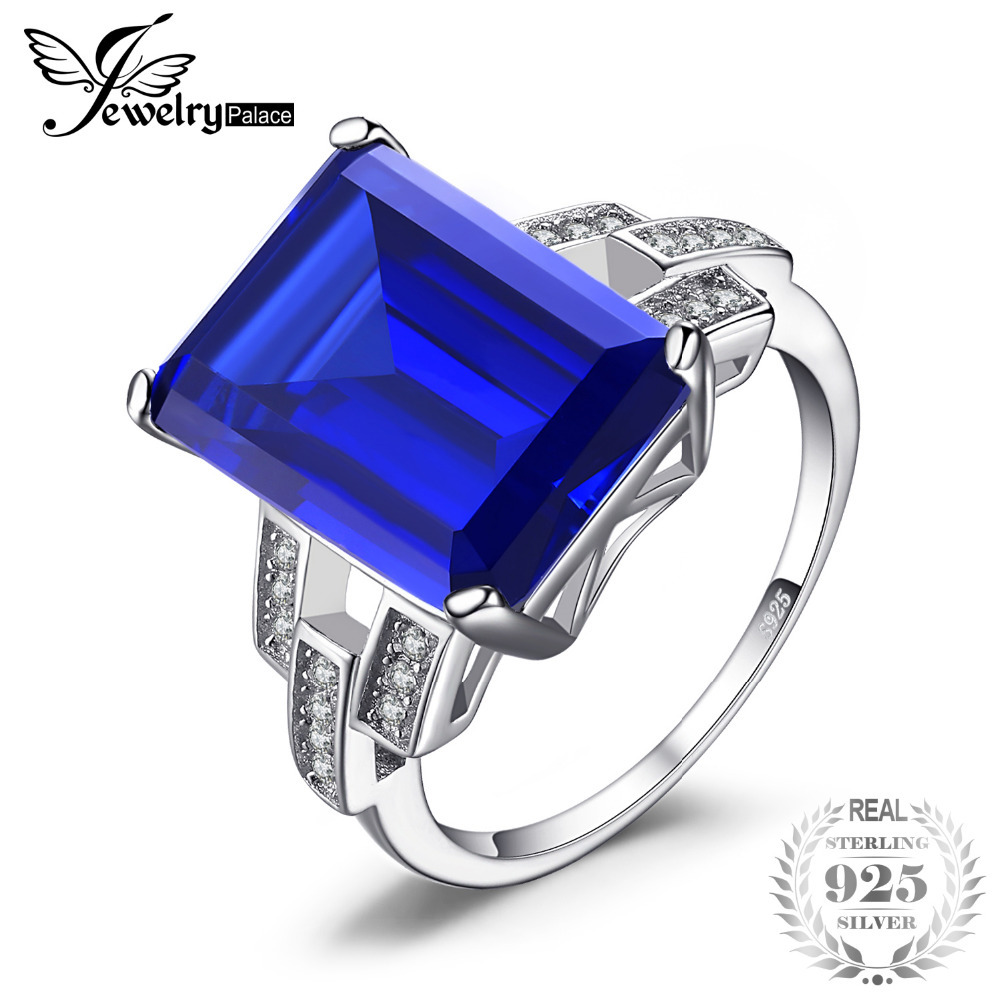 JewelryPalace Luxury Emerald Cut 9.6ct Created Blue Sapphire Cocktail Ring 925 Sterling Silver Ring for Fashion Women On Sale Y18102510