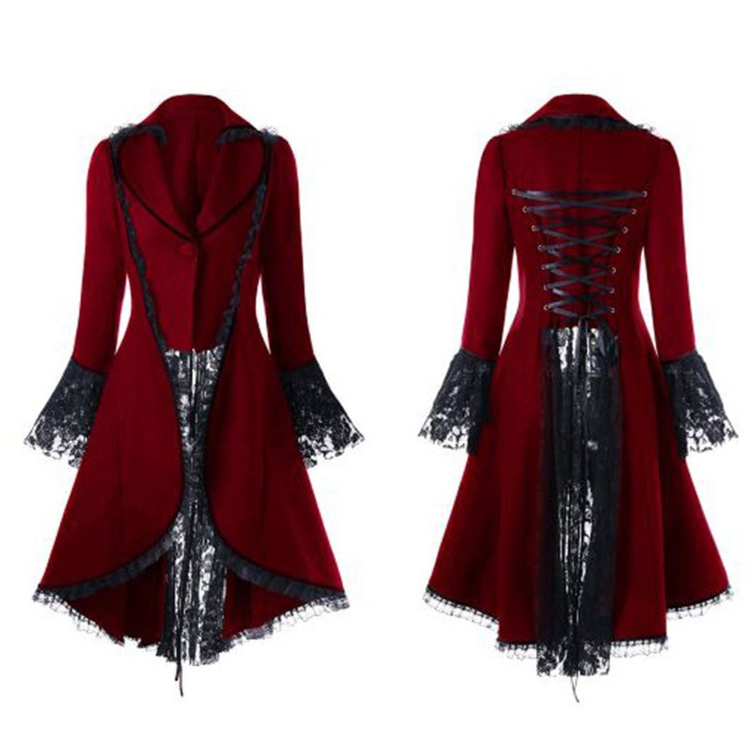 

Gothic Retro Women Lace Trim Long Coat Medieval Victorian Steampunk Lace-Up High Low Jacket Female Noble Court Dress Cosplay, Black