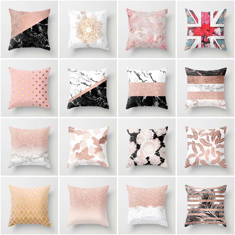 

A Modern, Chic and Elegant Minimal Black and White Marble and Faux Rose Gold Glitter Color Block Stripes Pattern Pillow Sofa Car Cushions, Other