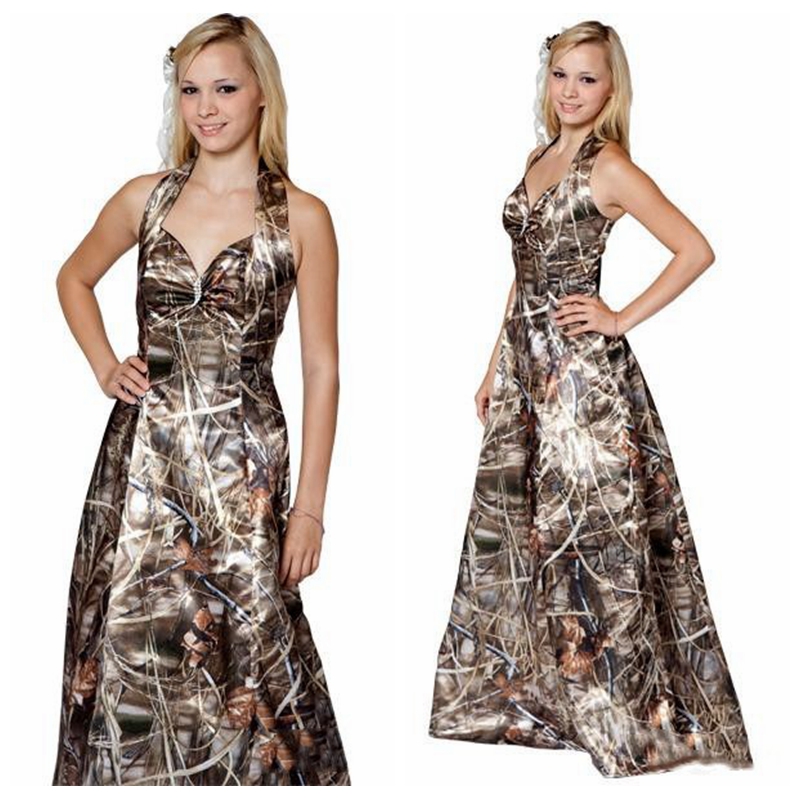 

2018 Halter Camo Reed Bulrush A-Line Wedding Dresses Slim Satin Bridal Gowns Lace Up Back Outside Country Wedding Wear Cheap, Same as image