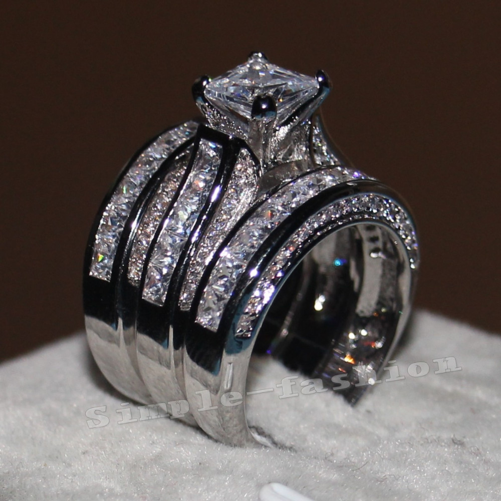 

choucong Luxury Women Fashion Full princess cut 20ct Diamond White Gold Filled 3 Engagement Wedding Band Ring Set Gift