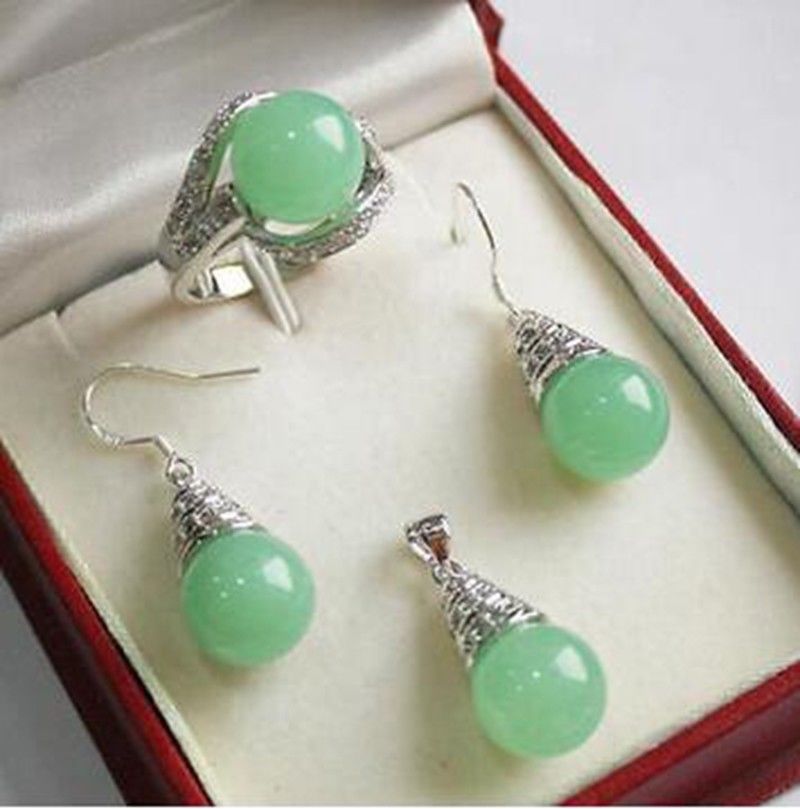 Fashion Women's 12mm Light green Jade Pendant Necklace Earrings Ring set-image-423110898