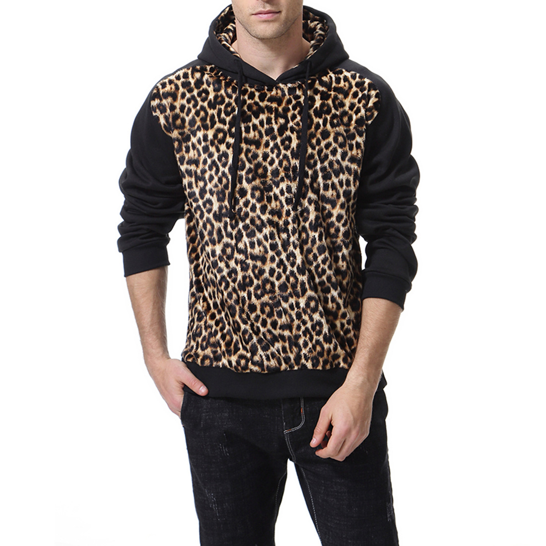 

Leopard Hoodies Men Winter Hooded Sweat-shirt Warm With Pocket Men Clothing Spring Autumn Tops Male Female Fashionable Sweatshirts J181159, Black