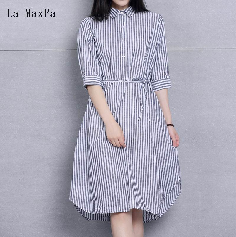 

Women Dress Women Clothing Loose Vertical Stripe Spring Dress Squarre Collar Three Quarter Sleeve Long Shirt Size -XXXL, Blue