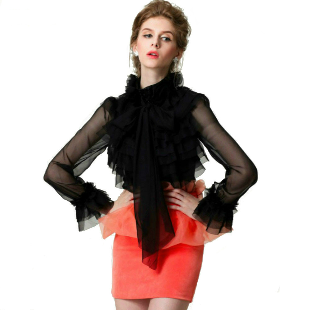 

S-XXL 2018 Retro Women's Blouses Court Luxury Lace Ruffles Bow Summer Female Puff Sleeves Shirts Top Brand Design Blasias Blusa, Black